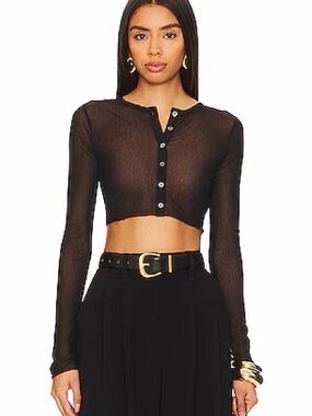 Lovers + Friends Black Sheer Button-Front Long Sleeve Crop Top